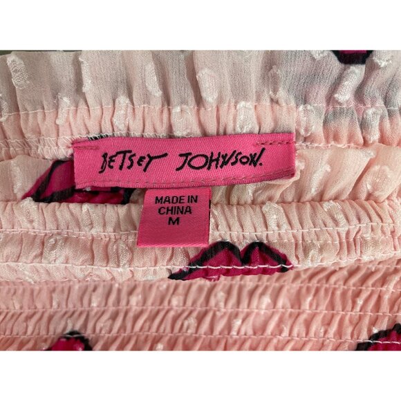 Betsey Johnson Ariana Mini Dress Size Medium Lips Kiss Print Smocked Clip Dot - Picture 4 of 9
